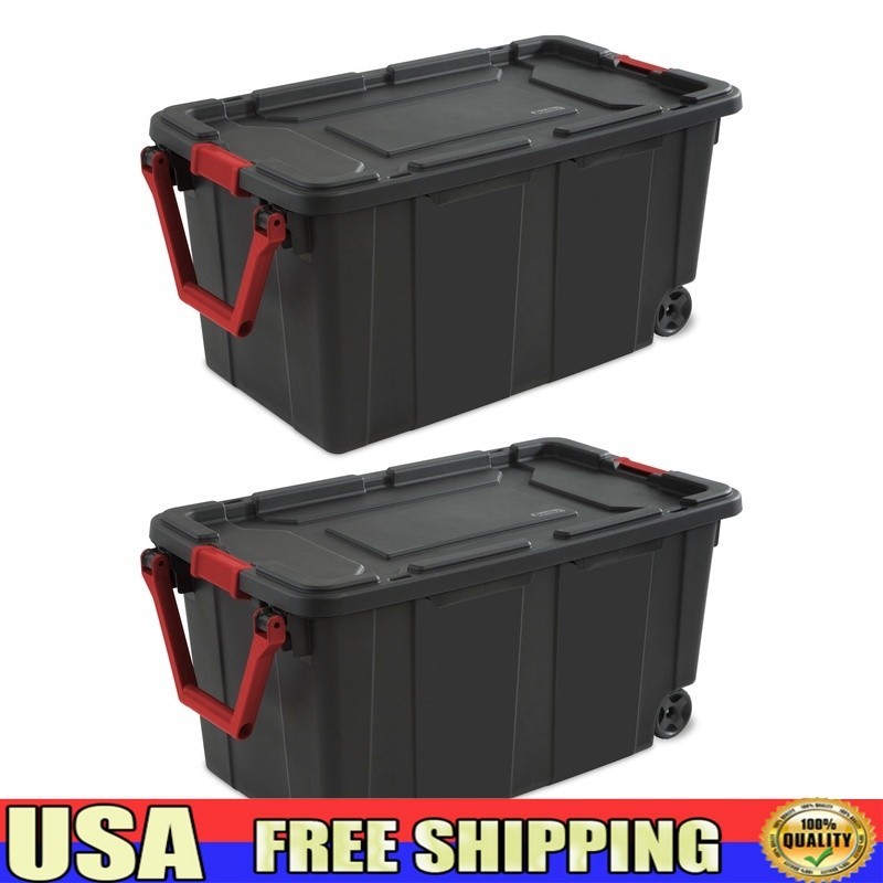 40 Gallon Wheeled Plastic Storage Bin With Handle 2-Pack