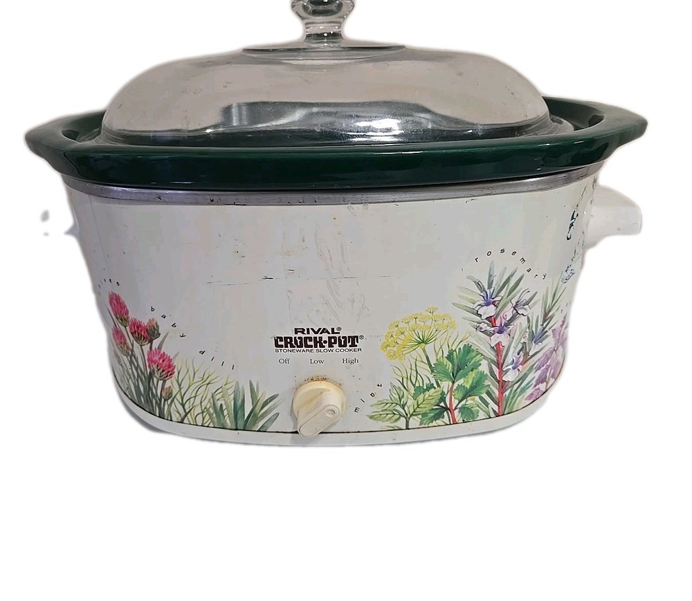 Vintage Rival Crock Pot 3755 Slow Cooker 5.5 Qt Oval Herb Garden Stoneware TESTE