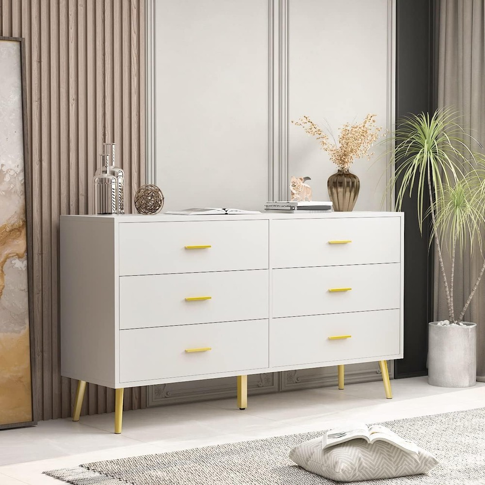 Modern 6-Drawer Wide Dresser for Bedroom with Sleek Metal Handles