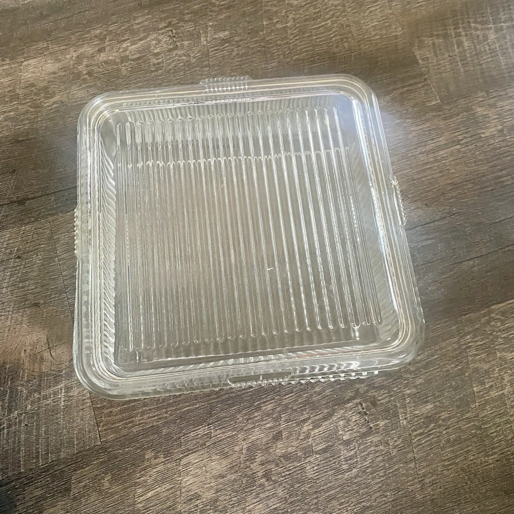 Vintage Ribbed Clear Glass Refrigerator Square Dish w/ Lid 8.5