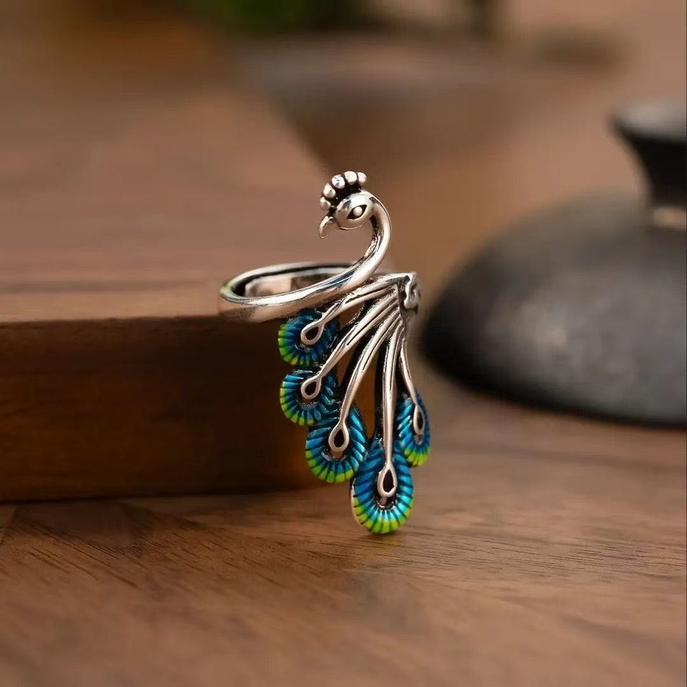 Enamel Peacock Ring Vintage Ethnic Style Womens Adjustable Band Jewelry
