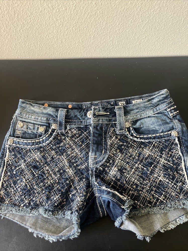MISS ME Womens 28 Signature Bling Distressed Jean Shorts with Flap Pockets