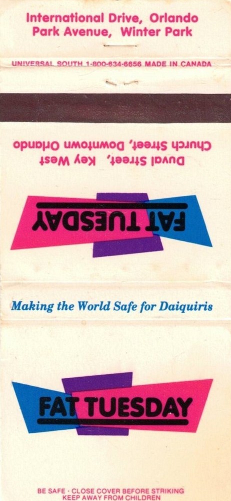 FAT TUESDAY-CHURCH STREET,DOWNTOWN,ORLANDO-MATCHBOOK-TWO INCHES WIDTH-EMPTY