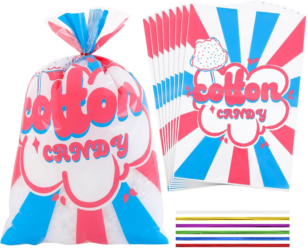 400 Pcs Carnival Cotton Candy Bags with Ties Large Bags Clear Bags for Cotton Ca