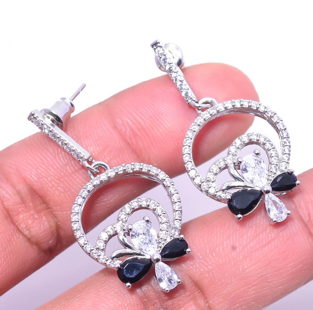 Black Onyx & Cubic Zirconia Gemstone 925 Sterling Silver Earring 1.56