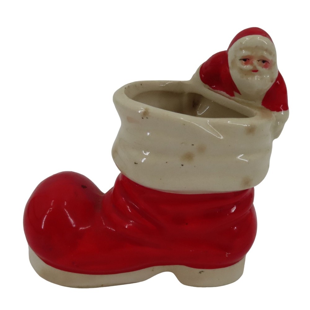 VTG Climbing Santa Claus Boot Red White Christmas Holiday Ceramic Vase 3.5in