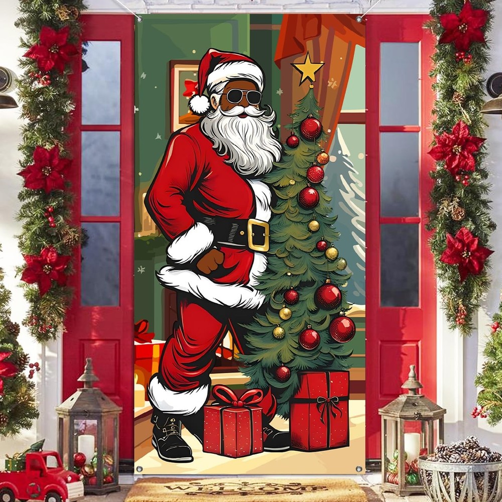 Christmas Decorations Black Santa Claus Door Cover Xmas Front Door Hanging Co...