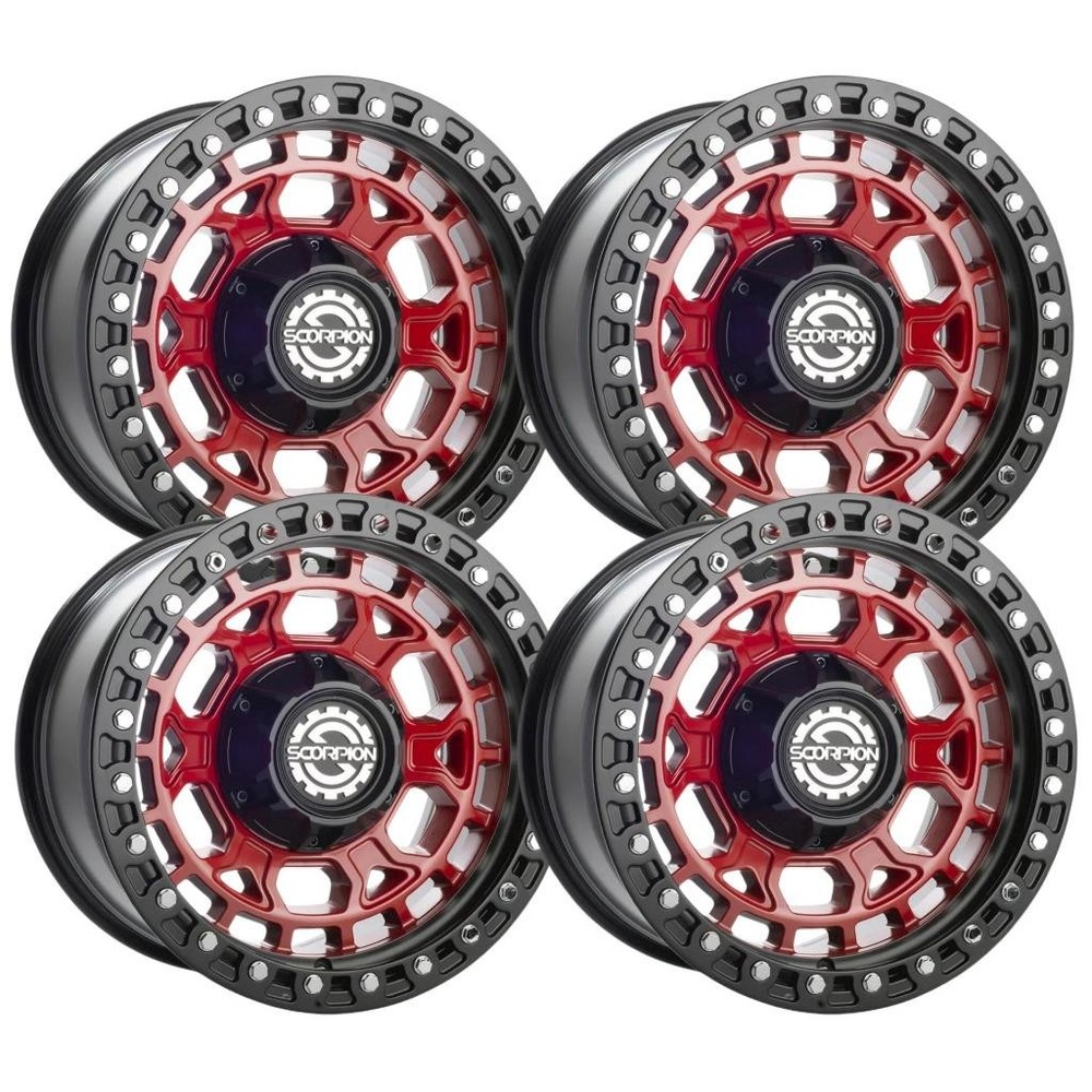 (Set-4) Scorpion Nomad 17x9 6x135/6x139.7 -12mm Black Red wheels rims 17 Inch