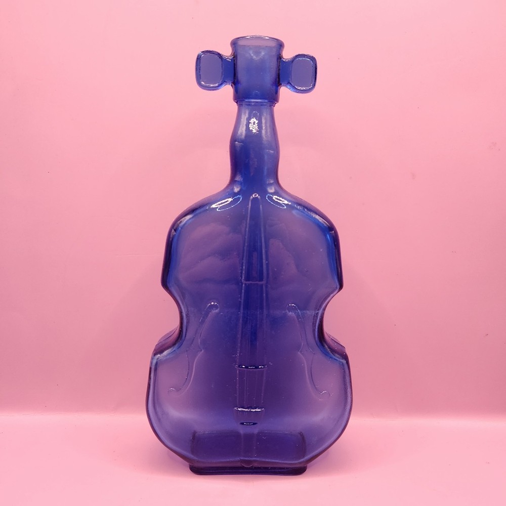 Vintage Cobalt Blue Glass Bass Guitar Violin Bottle Bud Vase, 8