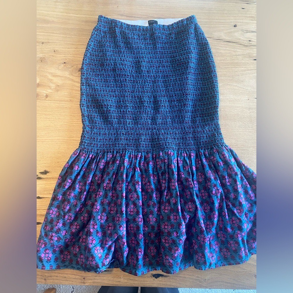 J. Crew Blue Smocked Waist Bubble Hem Midi Skirt