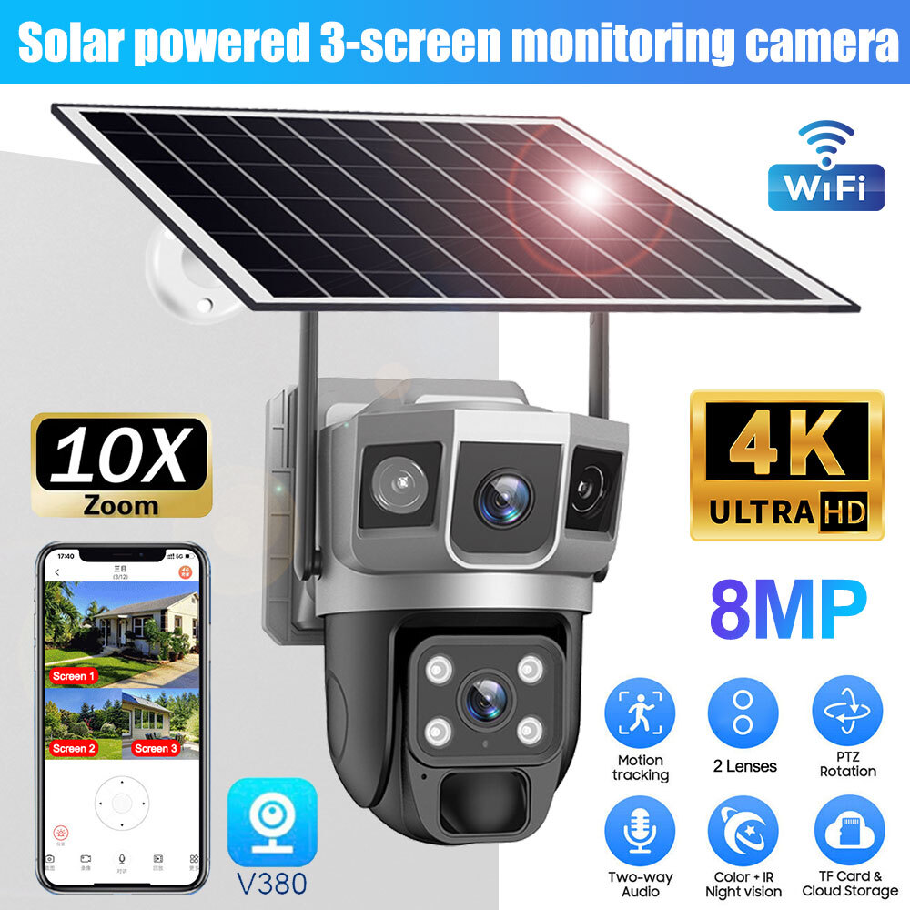 3Screen 4K Solar WiFi PTZ Outdoor Wireless Home Security Camera System