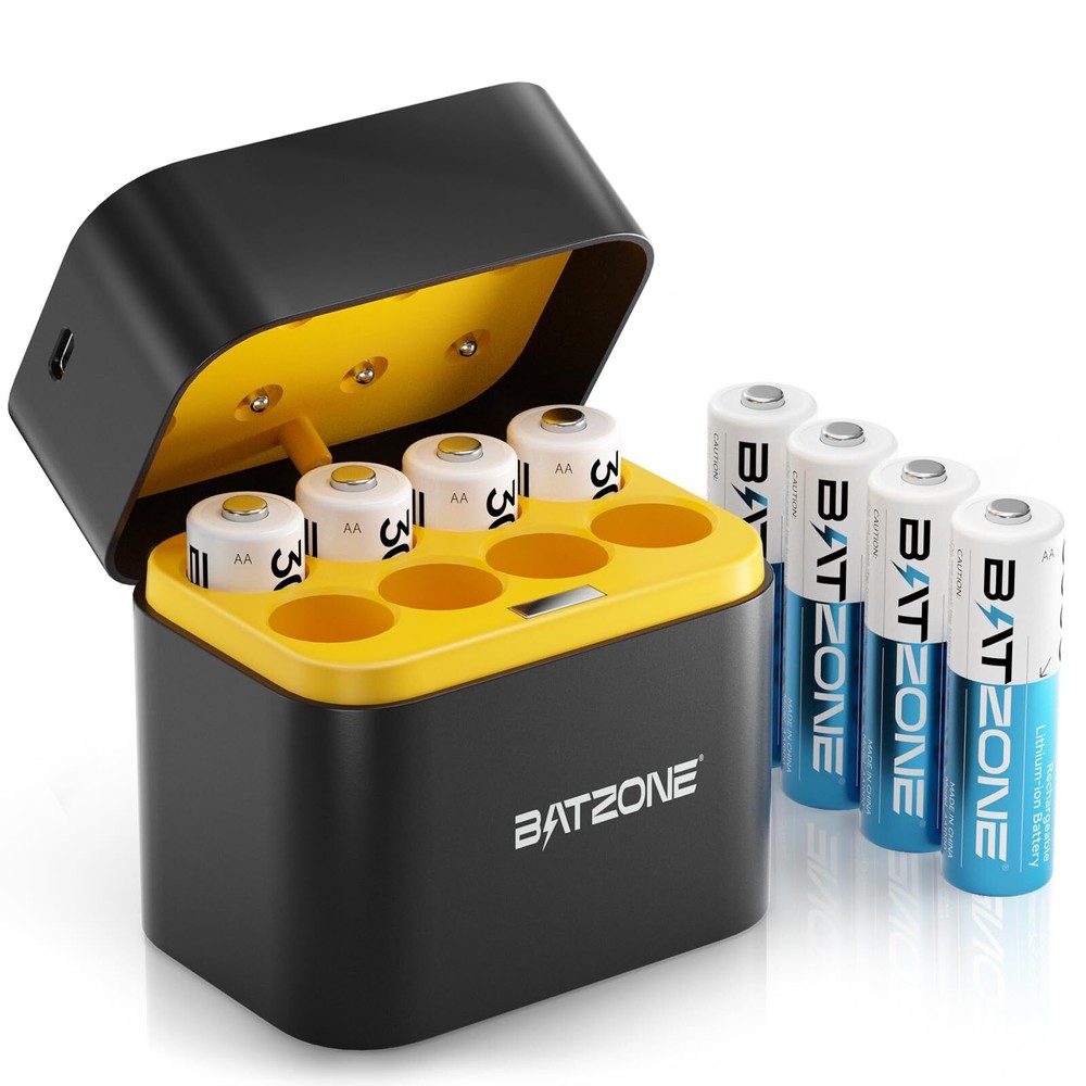 BATZONE Lithium AA Rechargeable Batteries 8-Pack with Fast Charger 1.5V 3000mAh  