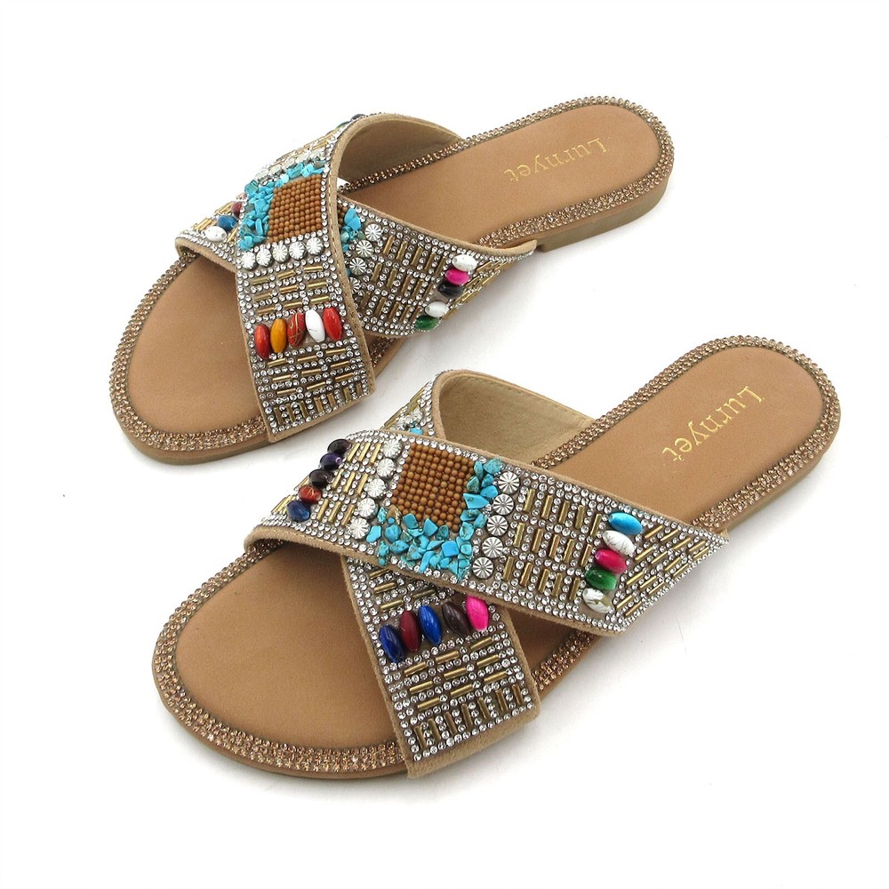 Women's Bohemian Sandals Crystal Rhinestone Embellished Multi-Color Beaded Stone