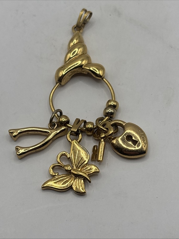Vintage MONET Gold-tone Butterfly Charm Holder Pendant w Wishbone, Lock/key