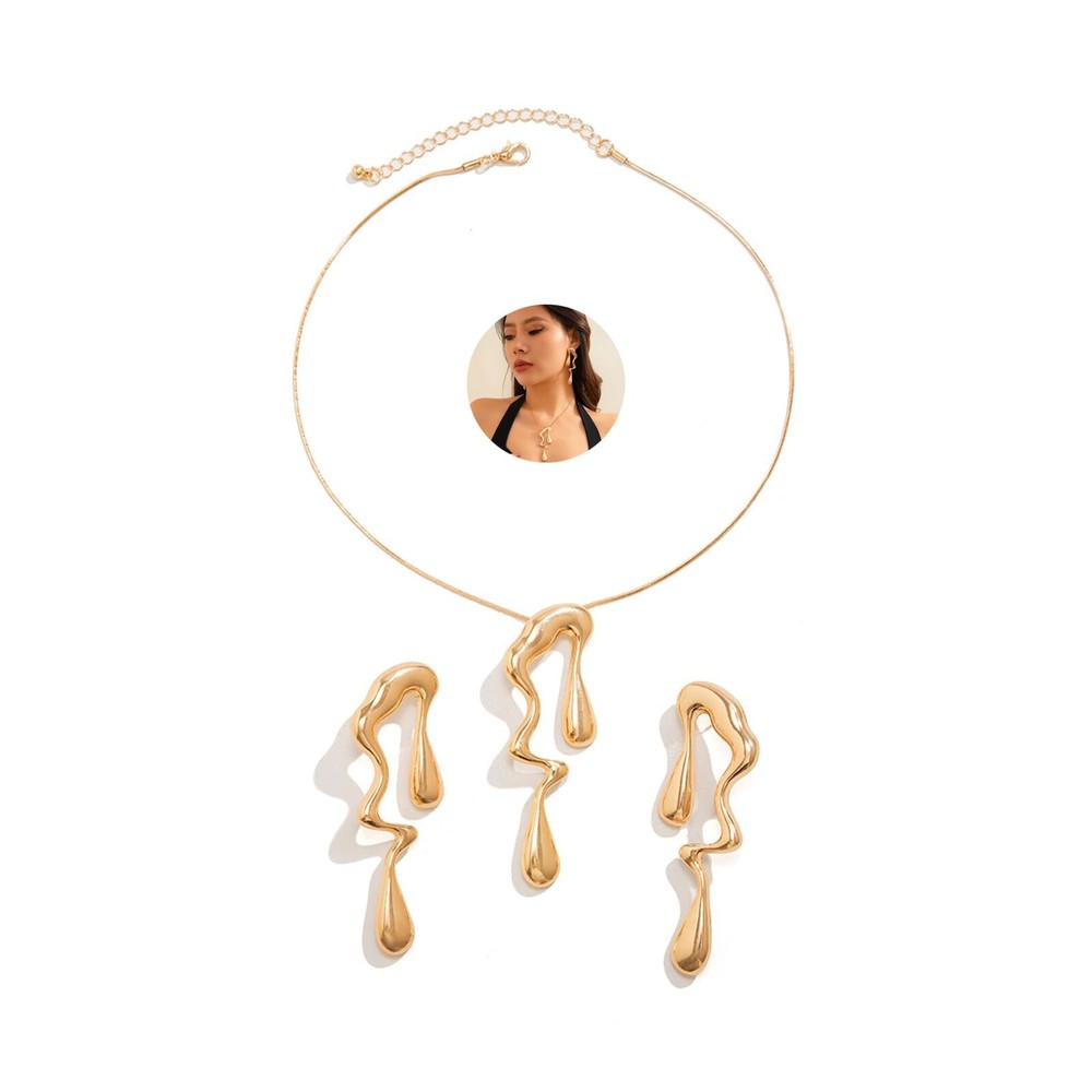 Irregular Gold Statement Earring Necklace Set for Women Chunky Teardrop Dangl...