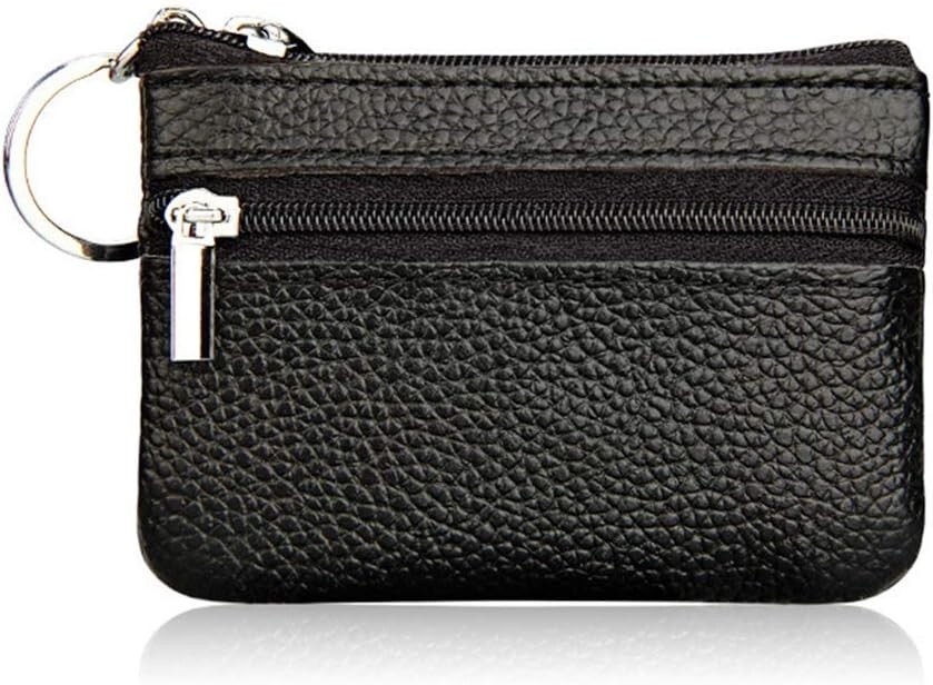 Black Zippered Leather Coin Pouch with Key Ring  