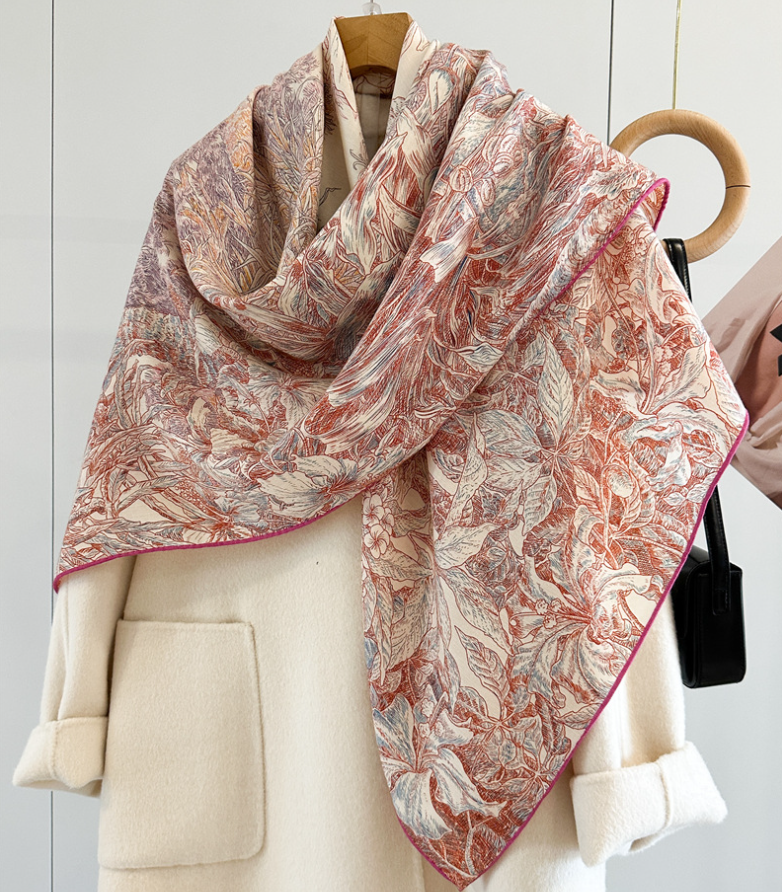 70% Cashmere 30% Silk Wrap Scarf garden Print Double Face Print Shawl 135X135cm