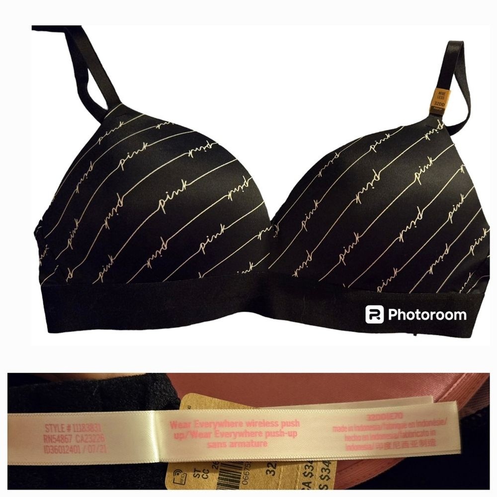Victoria's Secret PINK Everywhere Wireless Push-up Bra Black White 32DD NEW NWT