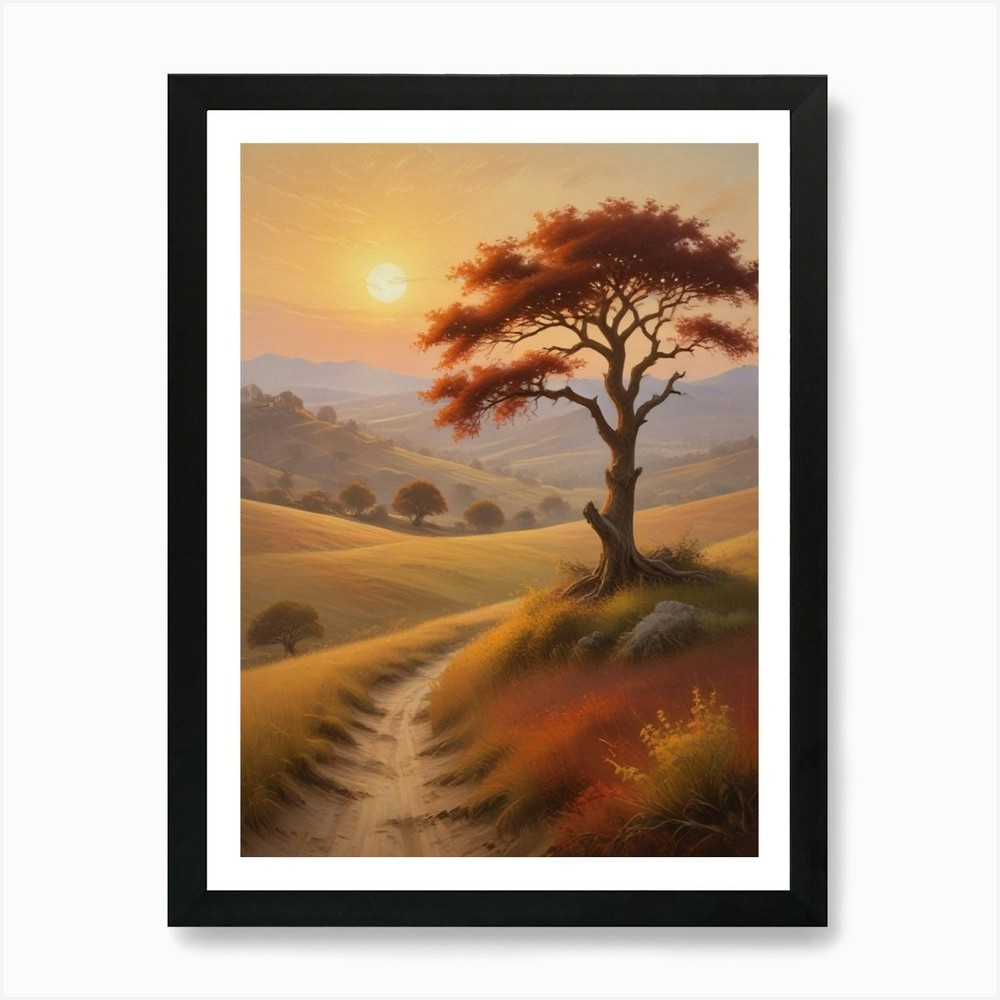 Lone Tree Sunset Framed Art Print Canvas Wall Decor Picture