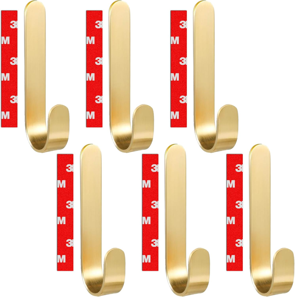 6 Brass Self-Adhesive Bathroom Wall Hooks for Towels & Robes