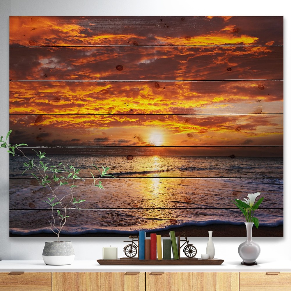 Designart 'Yellow Sunset Above Foaming Waves' Nautical & Coastal Wood Wall Art
