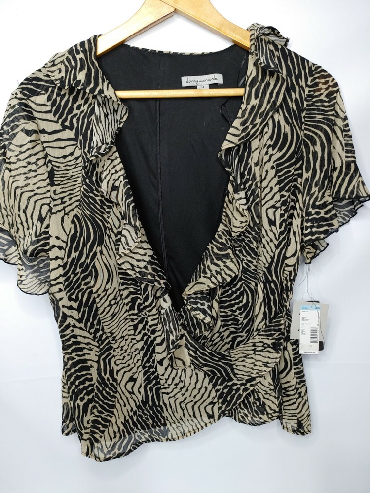 DANNY NICOLE Black Ruffled Open Front Top S Sleeve SIZE 14 Animal Print Career