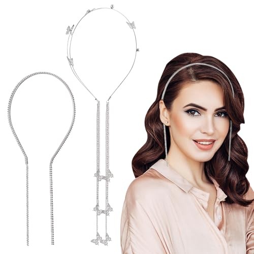 2PCS Silver Wedding Butterfly Headband with Rhinestones and Tassel Head Chain