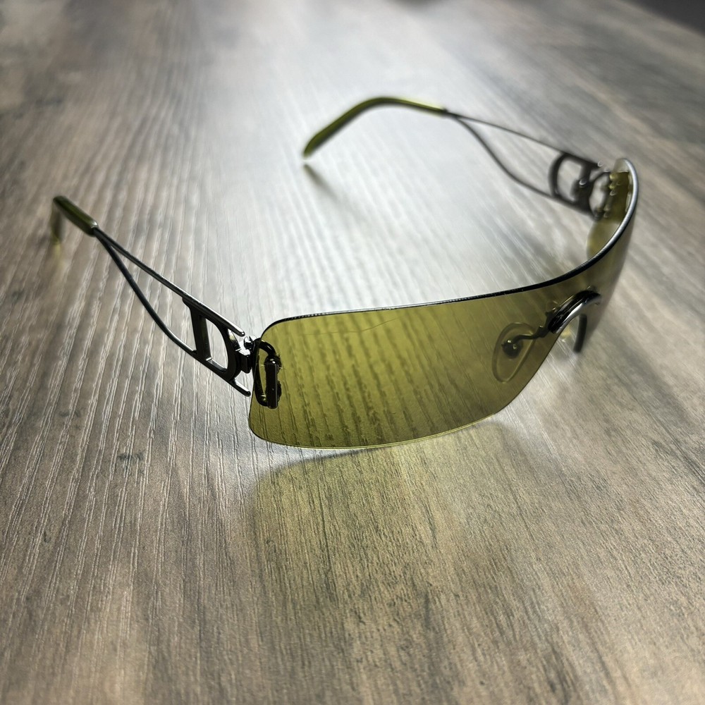 Vintage Christian Dior Miss Diorella Olive Green Shield Rimless Sunglasses Y2K