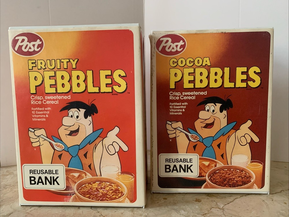 1984 Post Cereal Fruity & Cocoa Pebbles Promotional Advertising Cereal Box Banks