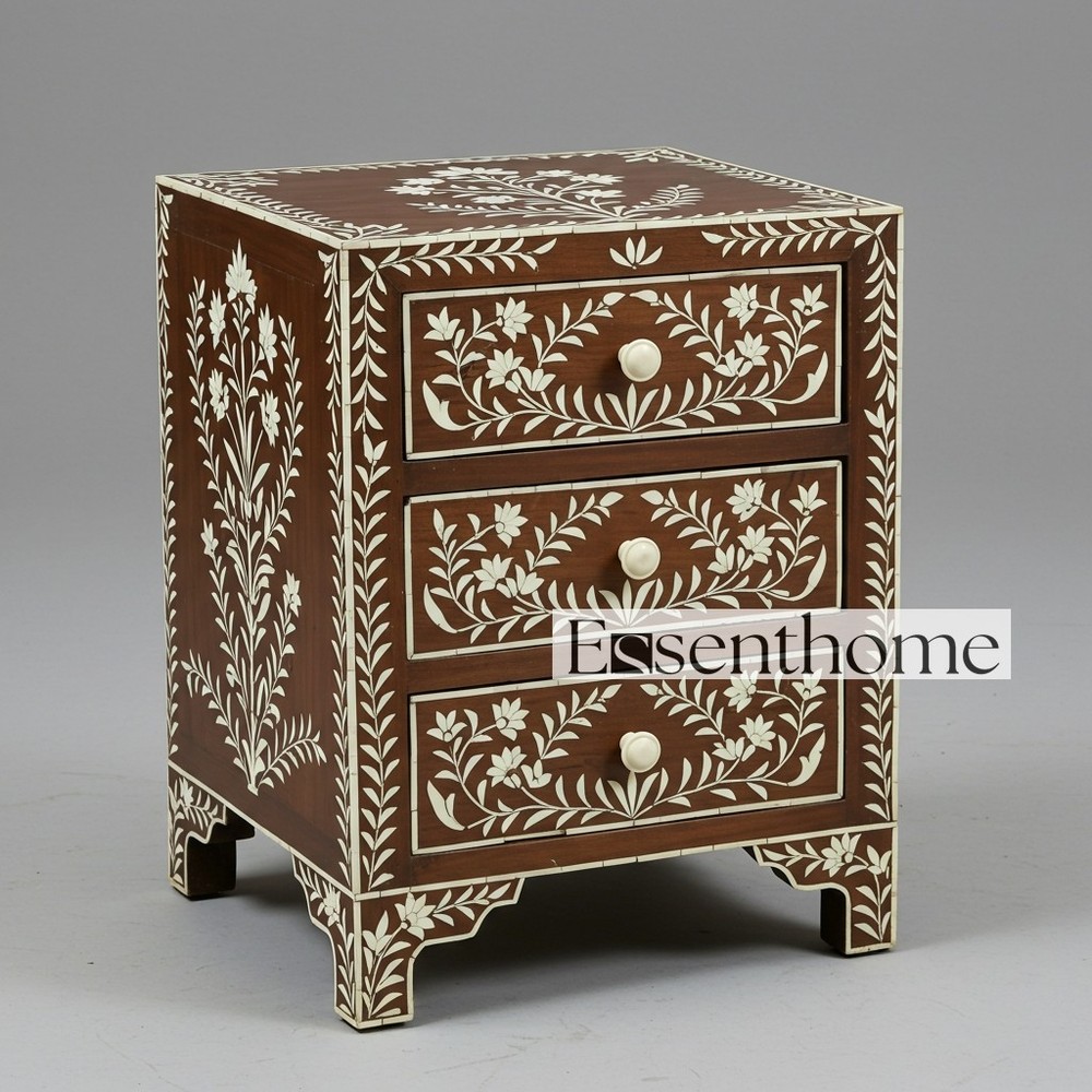 Brown Floral Bone Inlay Nightstand with 3 Drawers Handcrafted