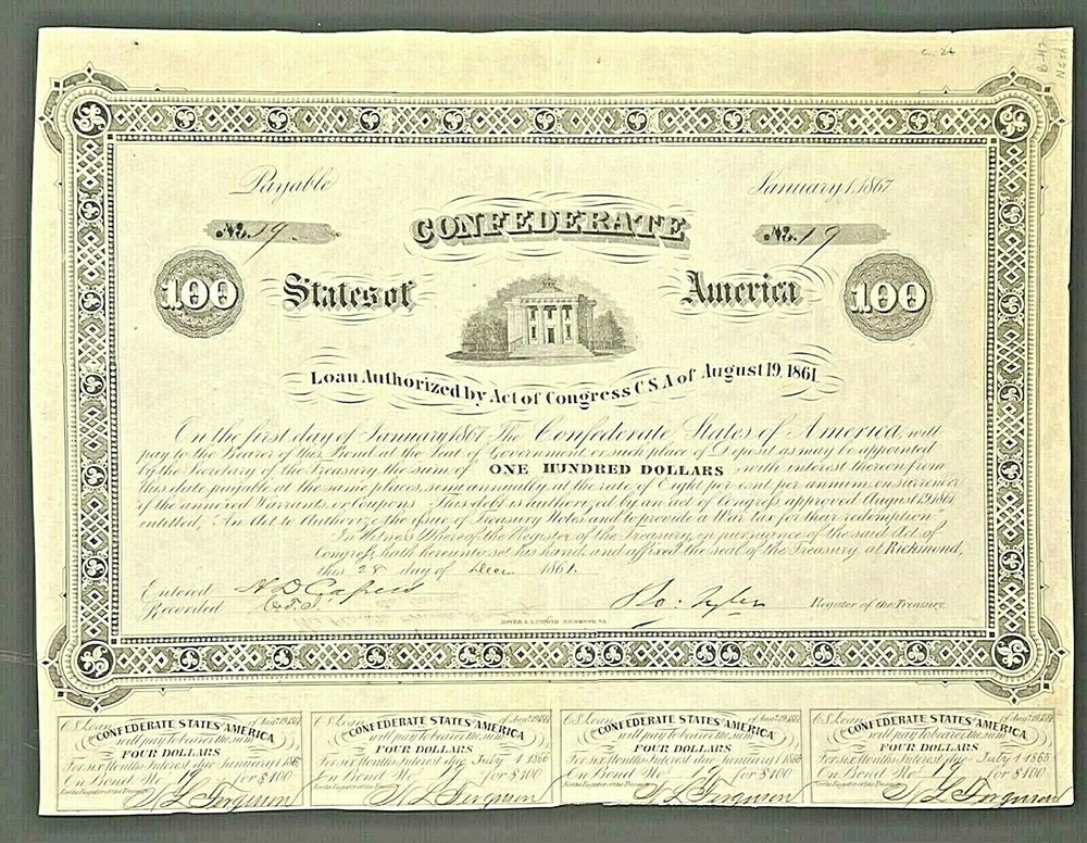 Rare $100 Confederate States Coupon Bond - Criswell 26, Ball 42 - Limited Availability-image