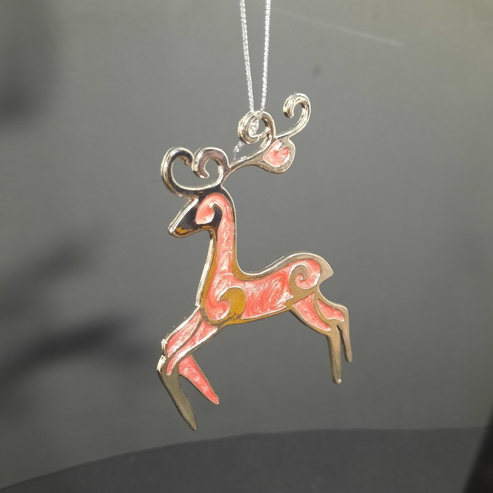 Silver & Pink Enamel Reindeer Christmas Ornament