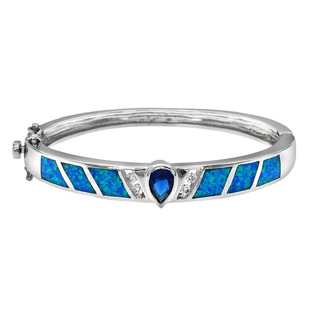 2CT Treated Sapphire & Australian Opal Sterling Silver Bangle Bracelet OB5