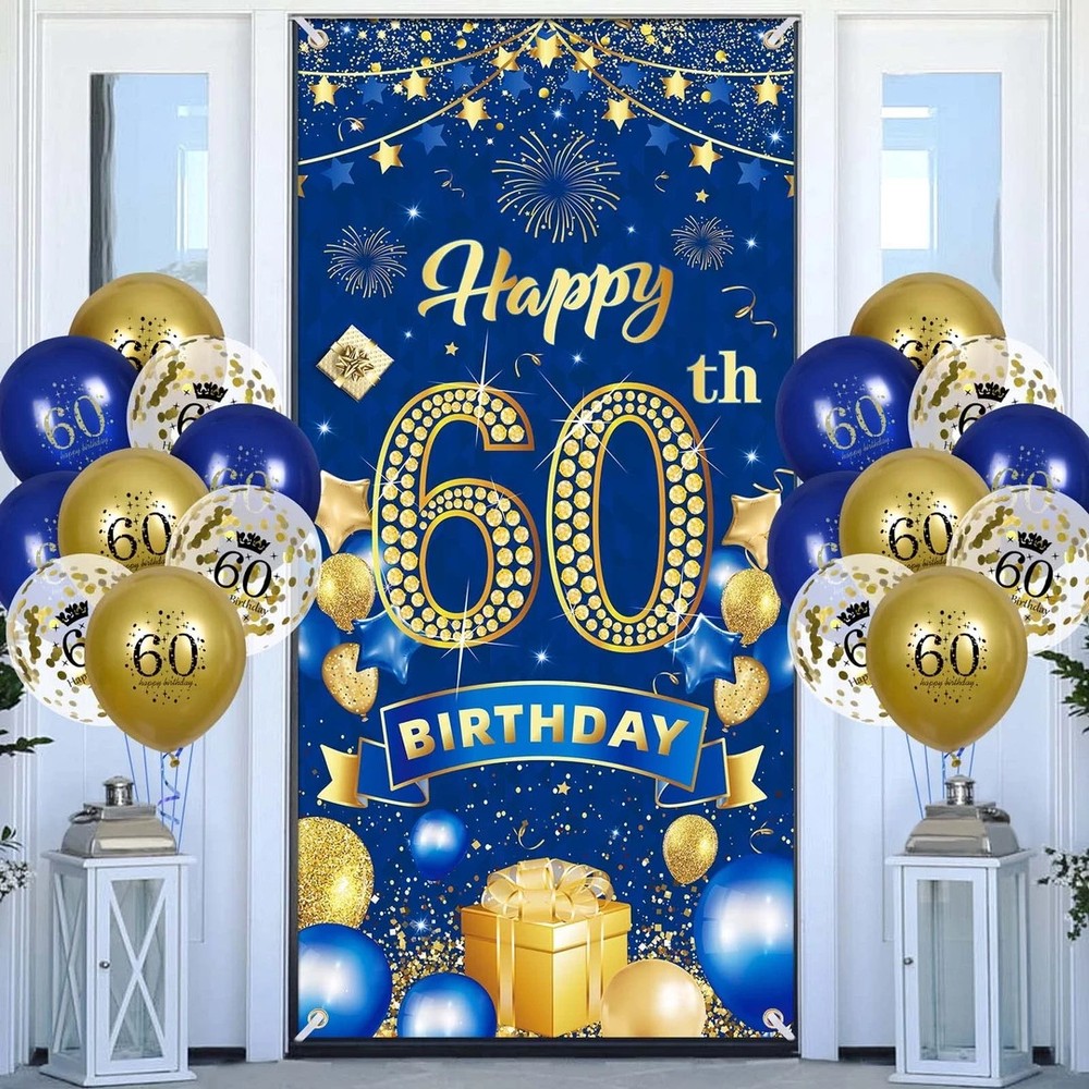 60th Birthday Decorations Men, Blue Gold Banner & Balloons, Party Supplies Set