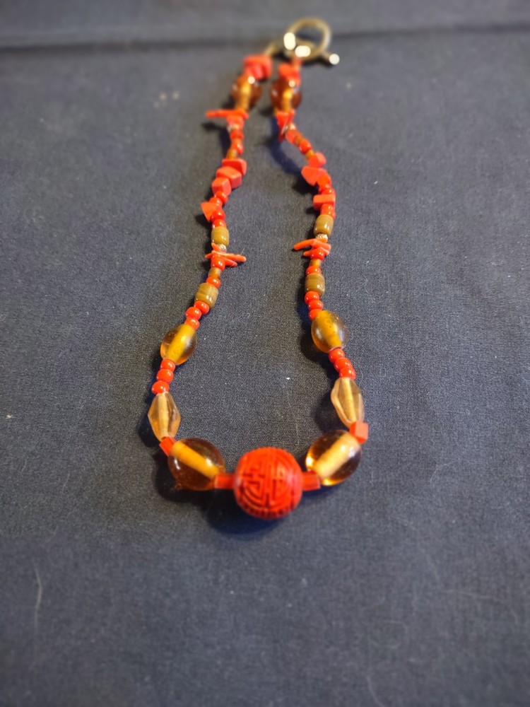 Pink Coral and Amber Glass Beaded Necklace