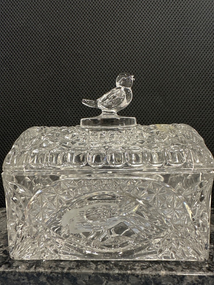 Bleikristall Hofbauer Germany Lead Crystal Trinket Box With Bird Lid & Starburst