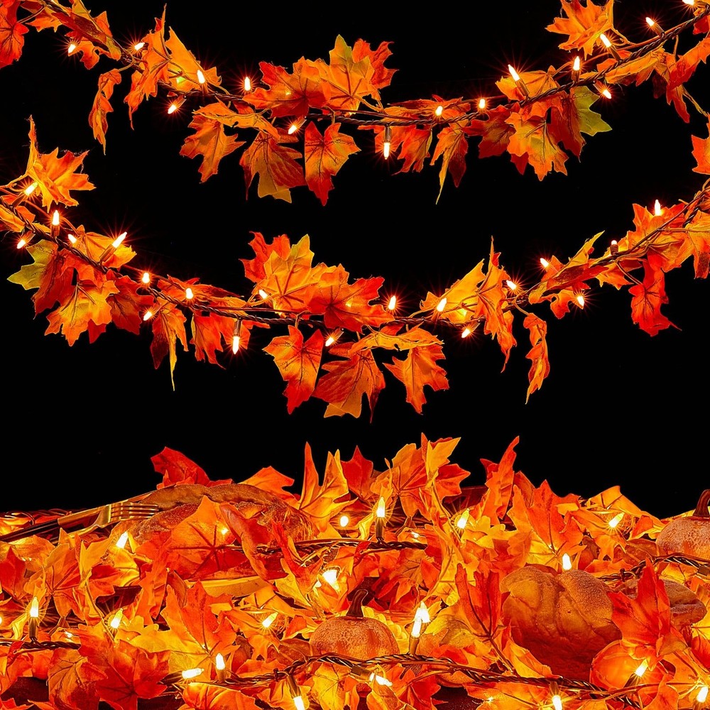 9FT Plug-in Fall Garland with Lights – 50 LED Autumn Home Decor