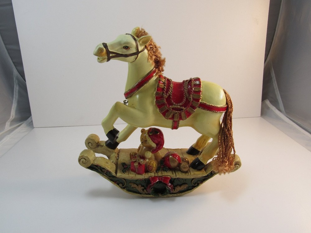 Vintage Christmas Rocking Horse Figurine Holiday Decor Teddy & Presents