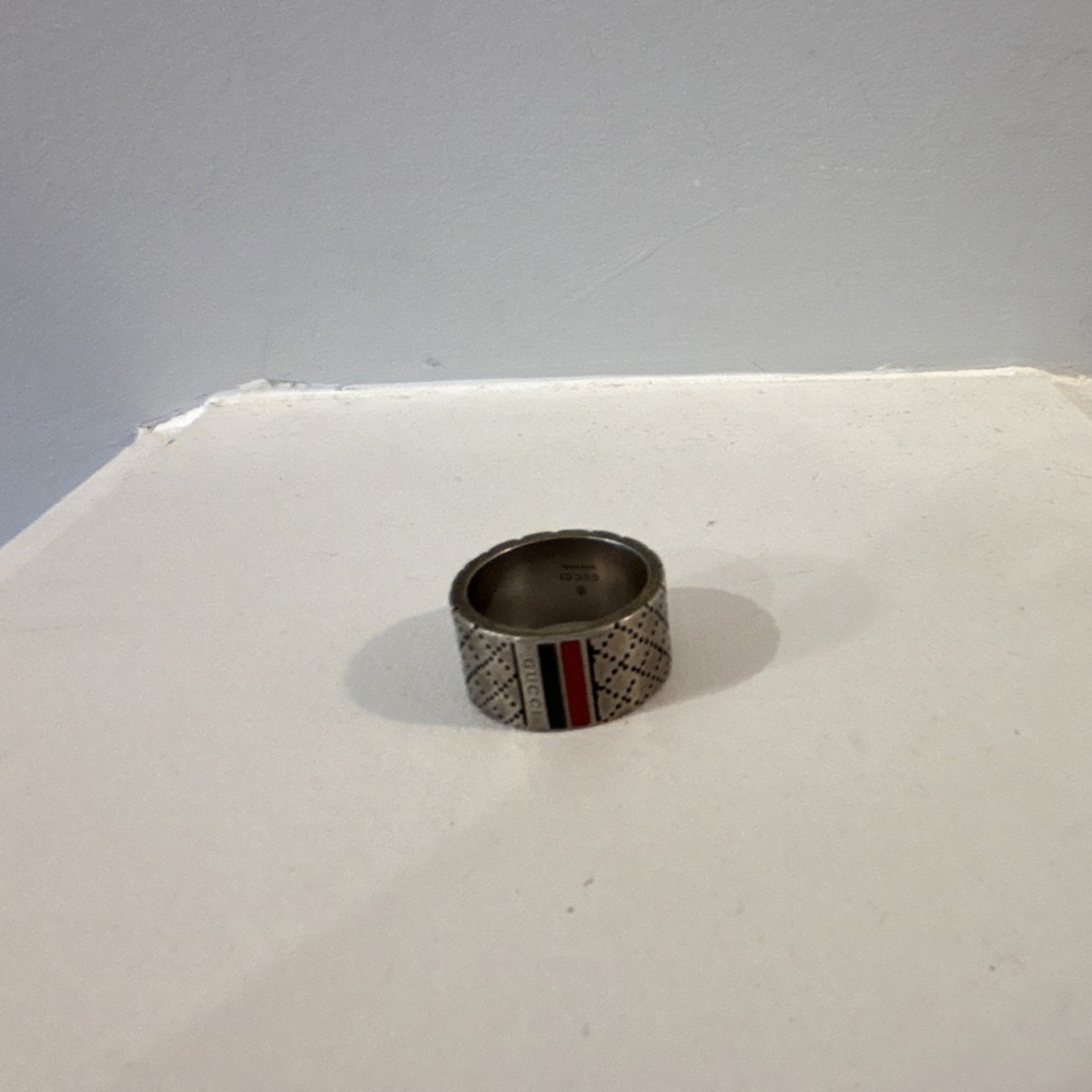 Gucci Sterling Silver 925 Band Ring Red Black Stripe Pattern Size 9