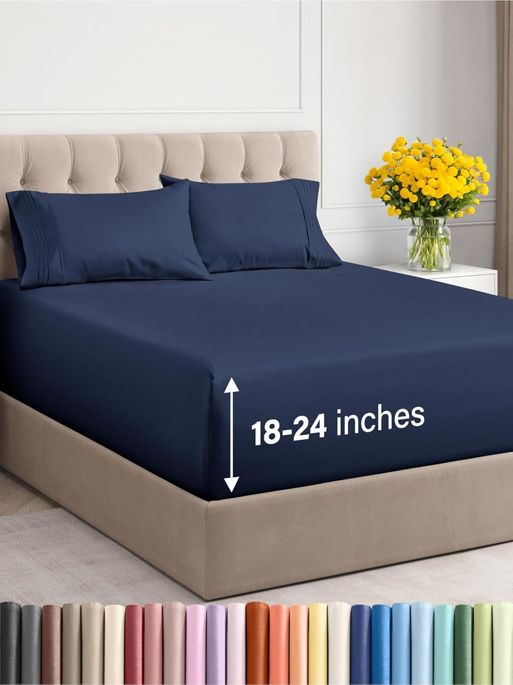 Extra Deep Twin XL Cooling Navy Blue 4-Piece Bed Sheet Set