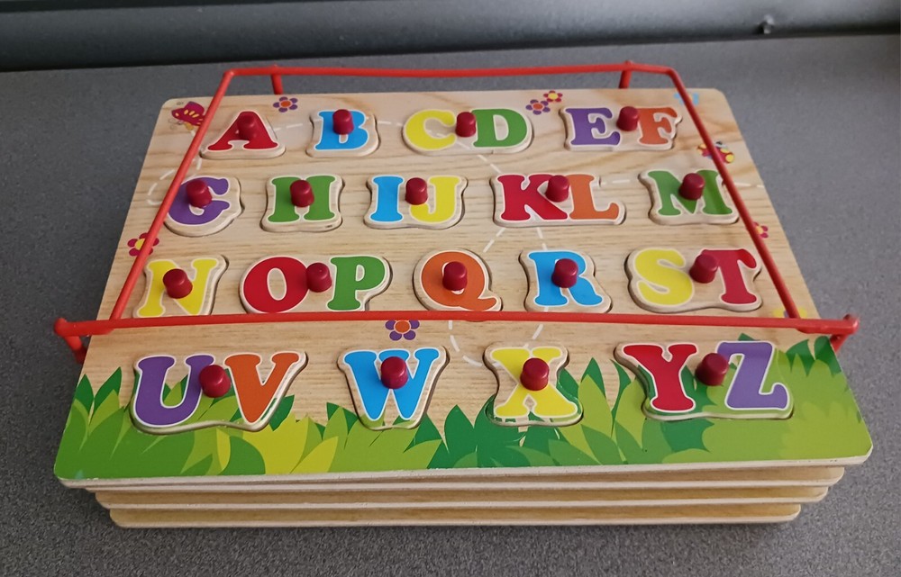 Wooden Puzzles (Set Of 4) With Wire Rack (Letters, Numbers, Farm/ Zoo Animals)