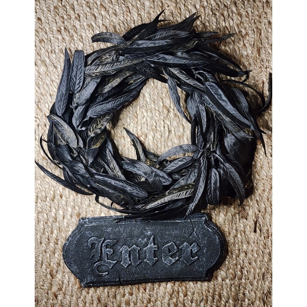 Black Halloween Spooky Enter Wreath Door Party Decor 23x19 Inches