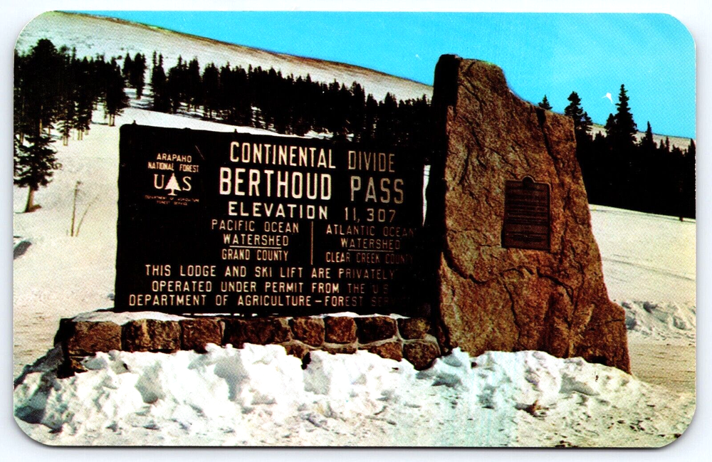 VINTAGE OLD ANTIQUE POSTCARD BERTHOUD PASS SUMMIT MARKER SNOW COLORADO USA