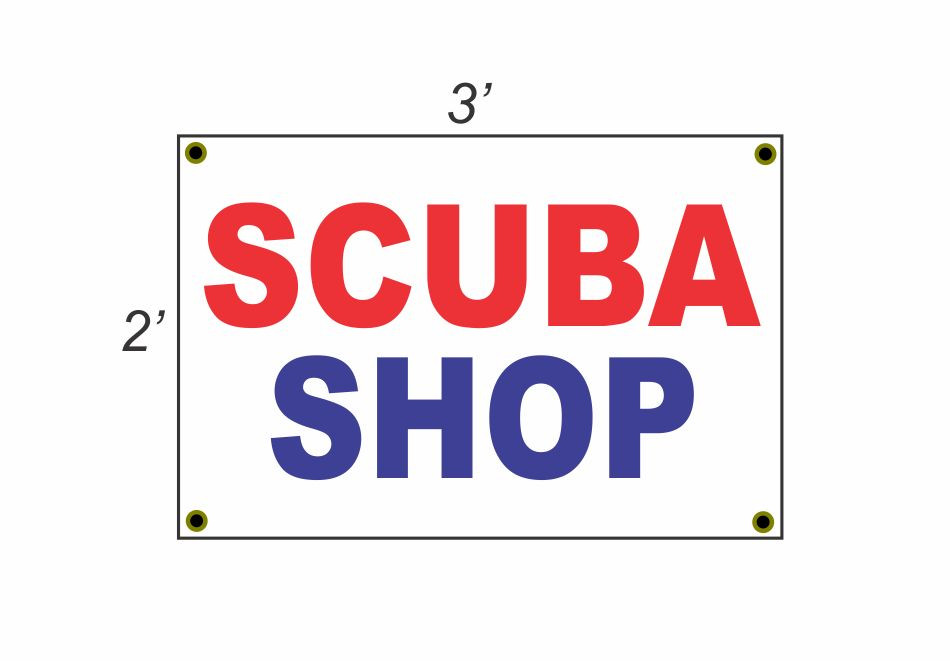 2x3 Scuba Shop Red White Blue Banner Sign - New Discount Size & Price for Enhanced Visibility and Value