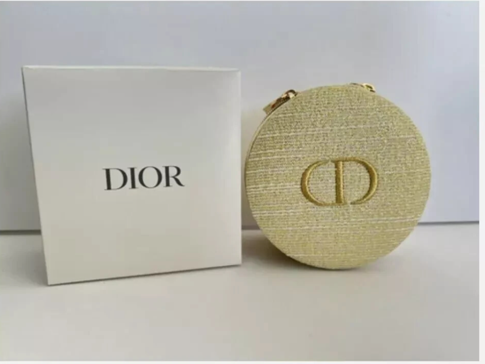 Christian Dior Gold Trousse Round Cosmetic Jewelry Box Pouch New
