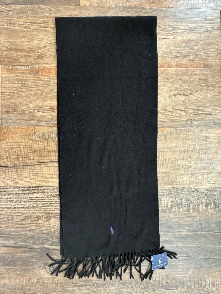 Polo Ralph Lauren Mens Embroidered Logo Solid Black 100% Lambs Wool Tassel Scarf