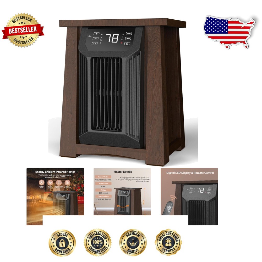 Compact 1500W Infrared Heater with Child Safety Lock & USB Ports - Walnut Finish