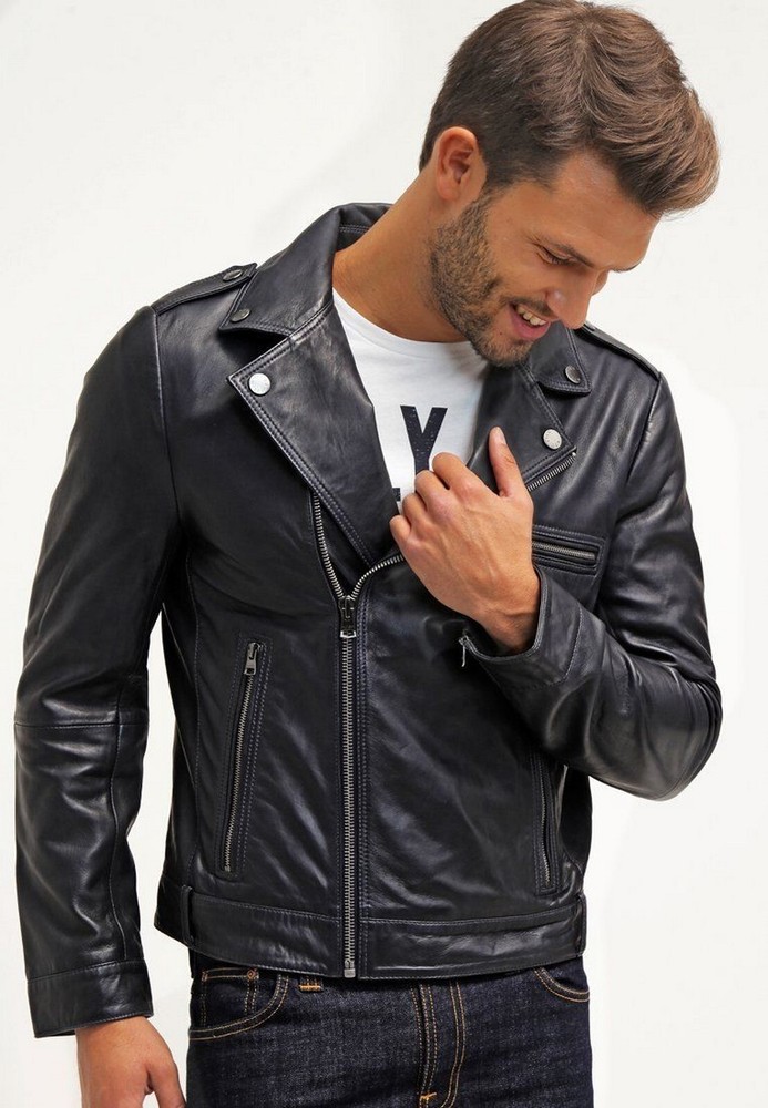 Stylish Black Motorcycle Biker Race Leather Jacket For Men