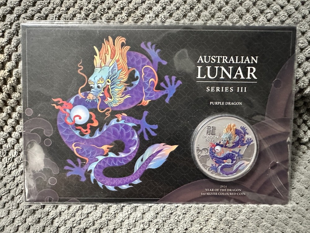 2024 Australia Purple BU Lunar Year of the Dragon 1oz Silver $1 Coin In Card