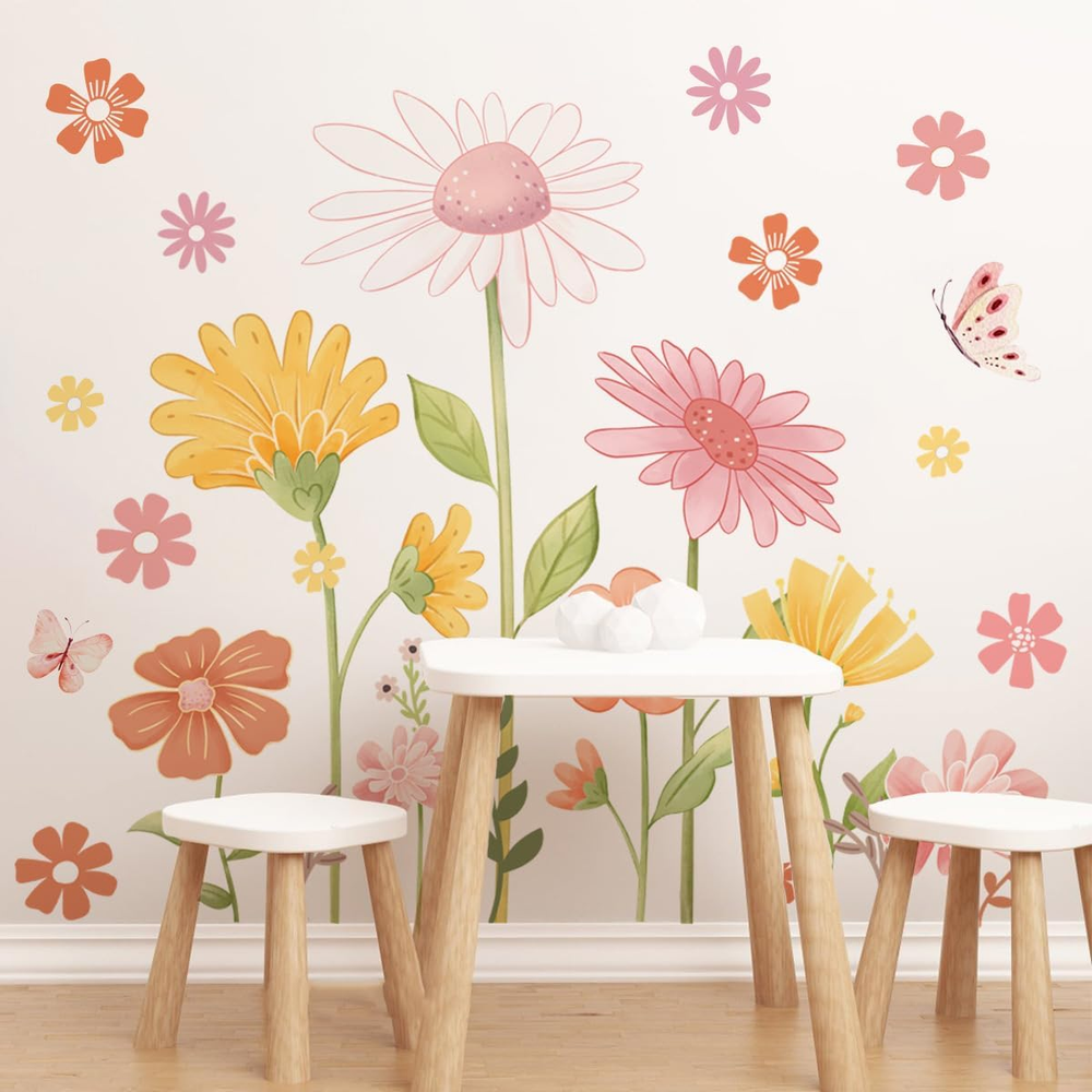 Boho Flower Wall Stickers, Daisy Butterfly Window Wall Decals, PVC Waterproof Se